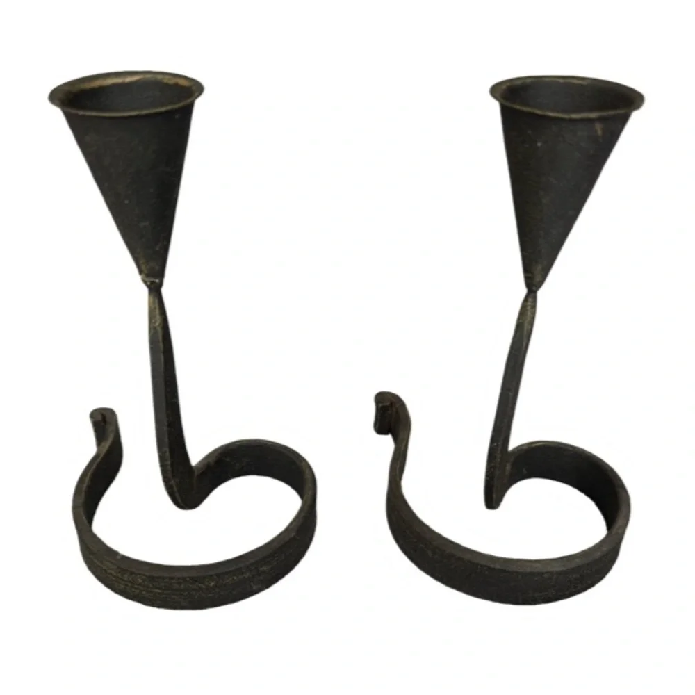 Vintage Set of Two 7” Hand Made Wrought Iron Taper Candle Holders